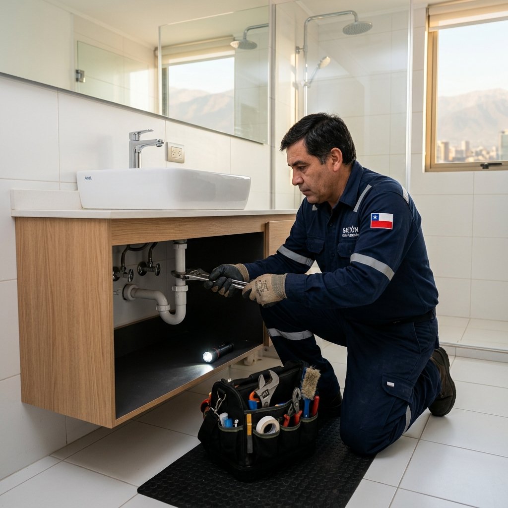 Gasfíter profesional de Instant Home Solutions inspeccionando cañerías en un baño moderno en Santiago