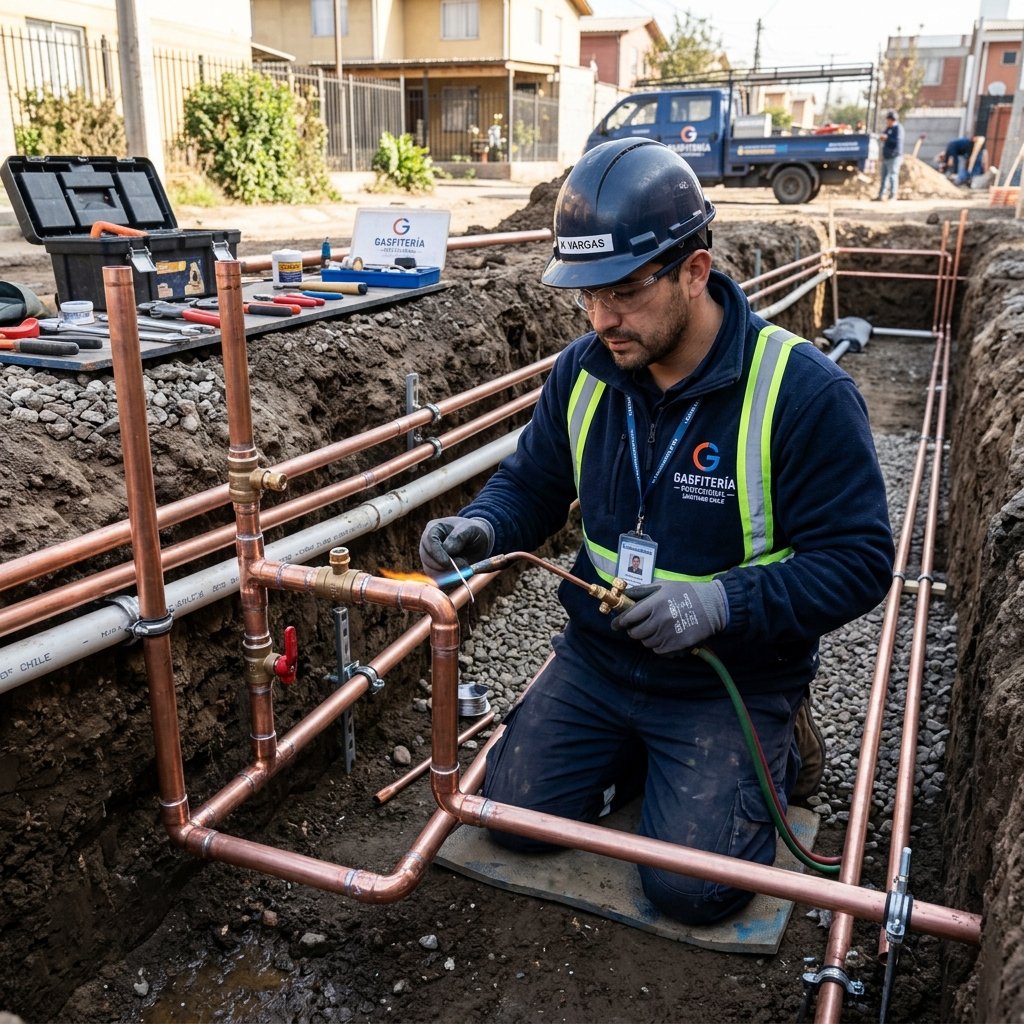 Gasfíter de Instant Home Solutions instalando cañerías de cobre en obra de Santiago